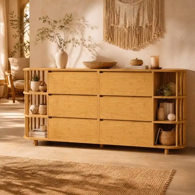 Comò Sideboard 160 cm in MDF e bambù; 6 cassetti; colore Rovere