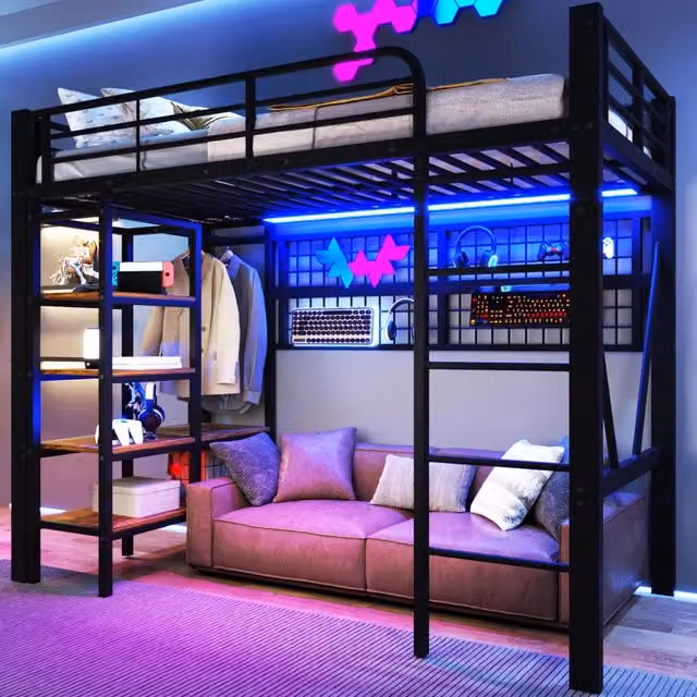 Letto a soppalco ULEVR 90x200 cm con LED controllabile via app, ripiano e rete appendiabiti, metallo e MDF nero