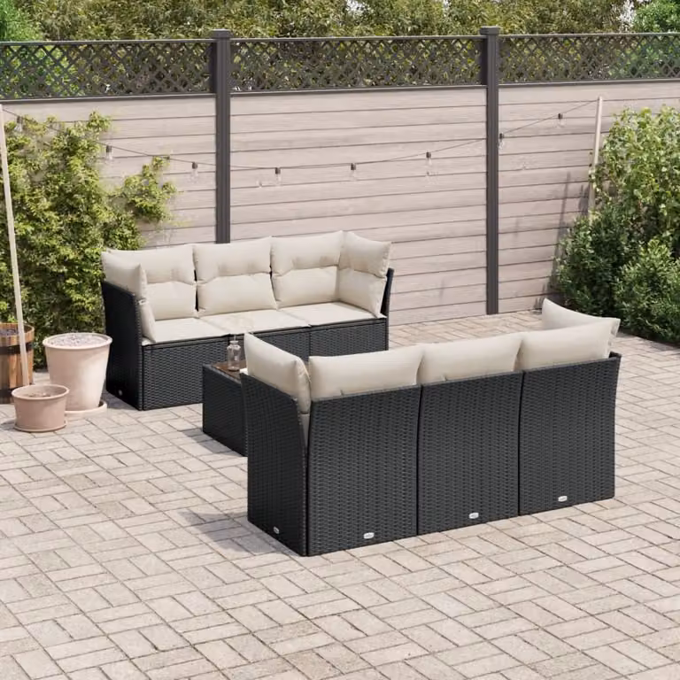 vidaXL Set Divani da Giardino a L con Tavolino e 7 Cuscini in Polyrattan Nero