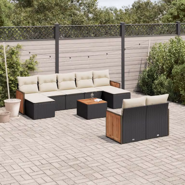 Set di divani da giardino vidaXL a forma di U in polyrattan nero con cuscini inclusi