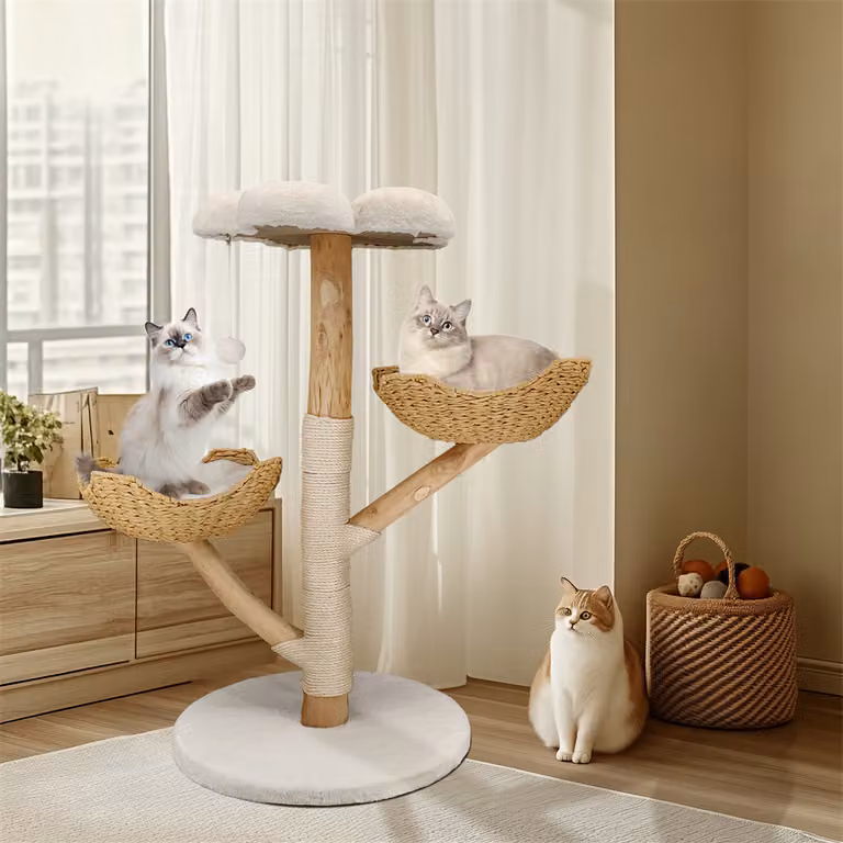 WISFOR tiragraffi alto 111 cm, albero per gatti a più livelli con cestino, beige