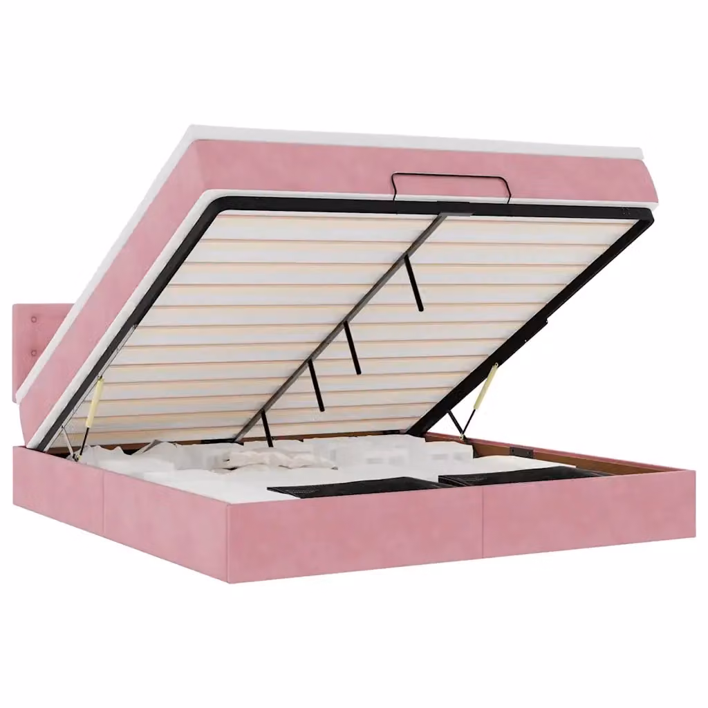 Letto con contenitore a sollevamento vidaXL in velluto rosa e bianco L 160 x P 200 x H 88 cm – 2