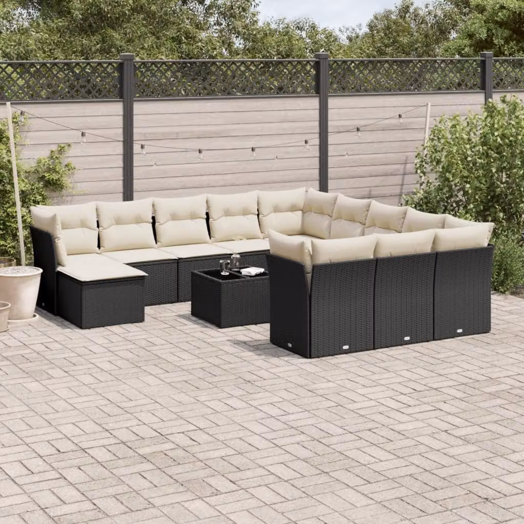 Set di divani da giardino vidaXL in polyrattan nero con cuscini e tavolino da esterno a forma di U – 1