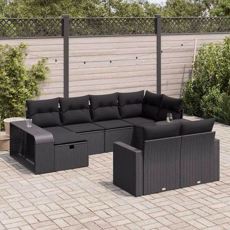Set di divani da giardino vidaXL a forma di U composto da 10 pezzi con cuscini neri e struttura in metallo e rattan