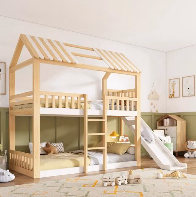 Letto a castello per bambini 90x200 cm con scivolo e tetto a capanna bianco/naturale HAVRYA