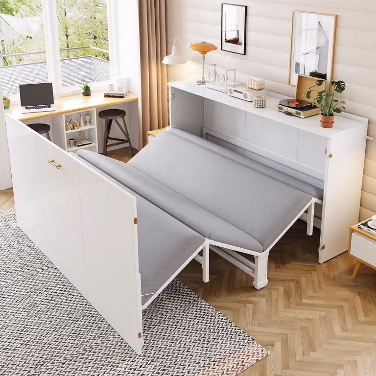 Letto ribaltabile Merax 140x200 cm con materasso in lino, letto a scomparsa salvaspazio per gli ospiti, letto estraibile con struttura in metallo e rotelle, bianco