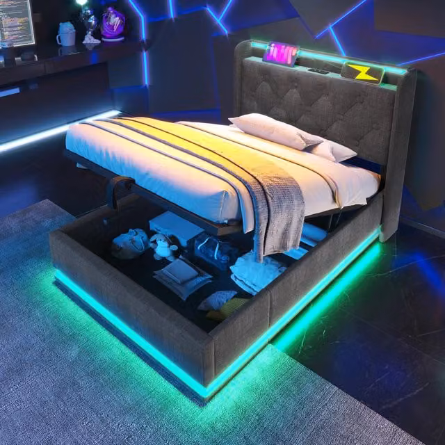 Letto contenitore Mivray in lino grigio con testiera imbottita, illuminazione LED e porte di ricarica USB e Type-C, L/P/H: 90 x 200 cm