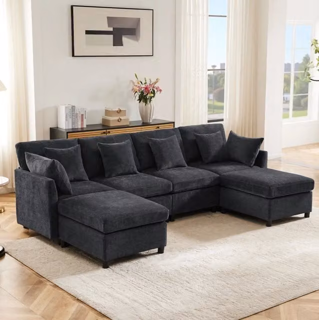Divano modulare 278x161x81 cm trasformabile in U e L in ciniglia grigio