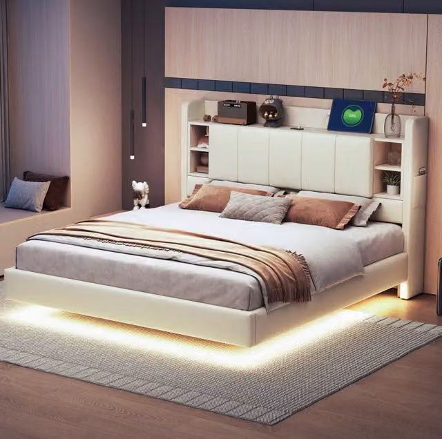 Letto imbottito 160x200 cm con LED; USB e vani portaoggetti in lino beige