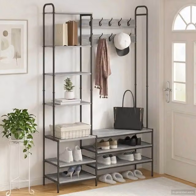 Appendiabiti con panca per scarpe stile industrial vidaXL in legno e metallo grigio L/P/H: 120,5 x 34 x 190 cm – 1