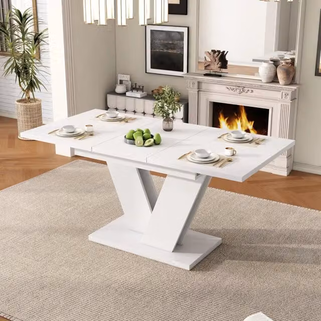 Tavolo da pranzo allungabile bianco 120/160x80 cm, piano spesso, gambe a V, stile semplice, per 4-6 persone