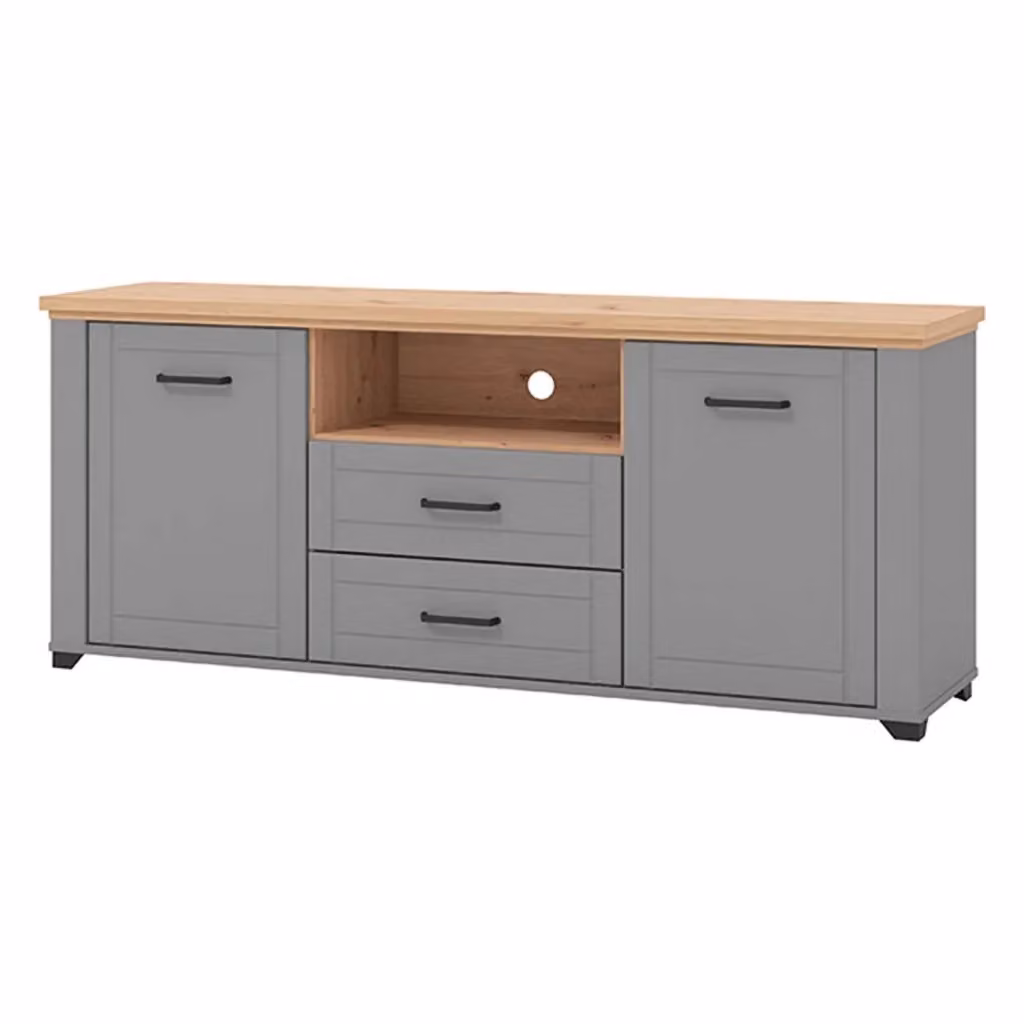 Mobile Porta TV Rotondi DMORA con 2 Cassetti, Grigio Scuro e Rovere, L: 161 cm, P: 41 cm, H: 66.5 cm – 2