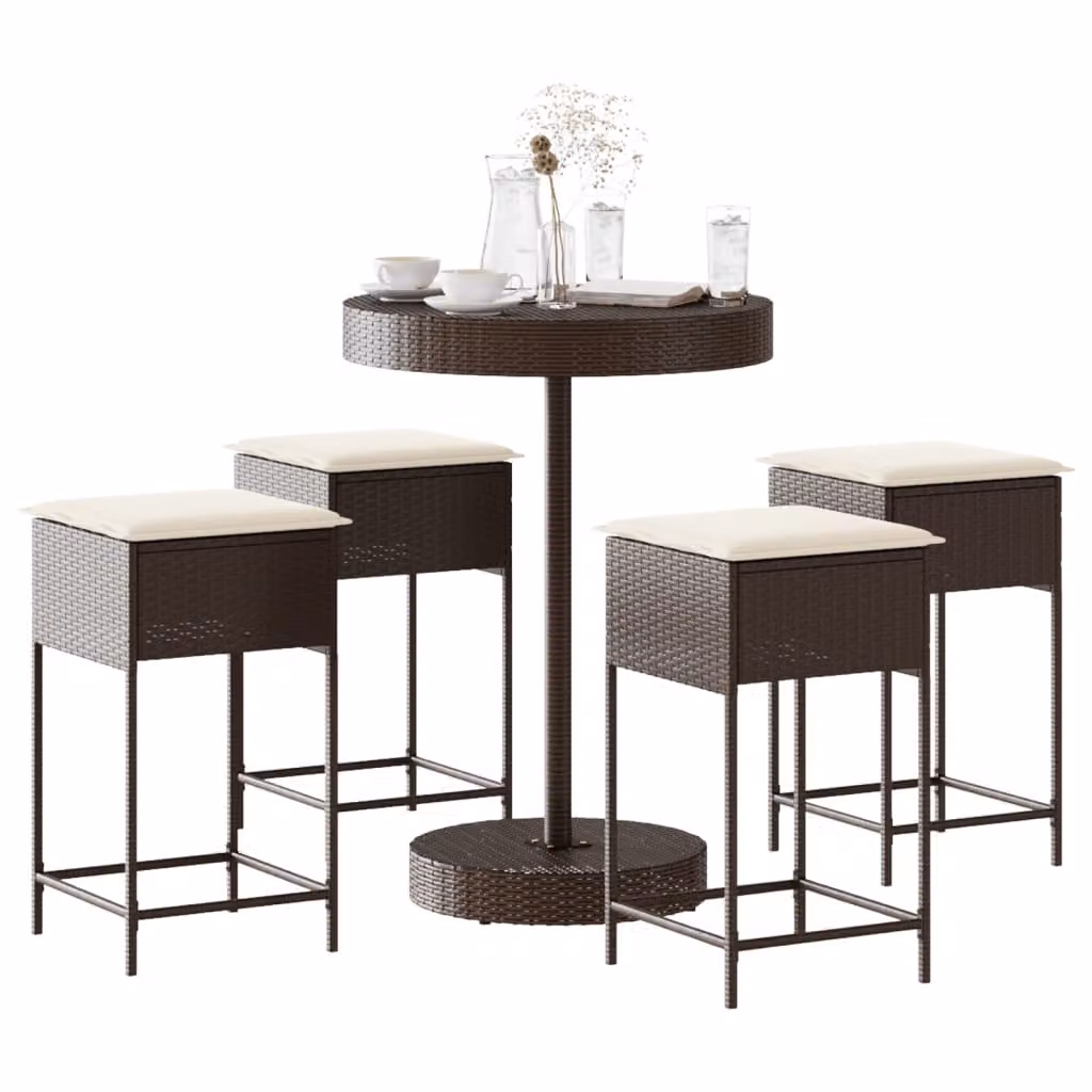 Set Bar da Giardino vidaXL in Polyrattan Marrone e Bianco con 5 Pezzi e Cuscini