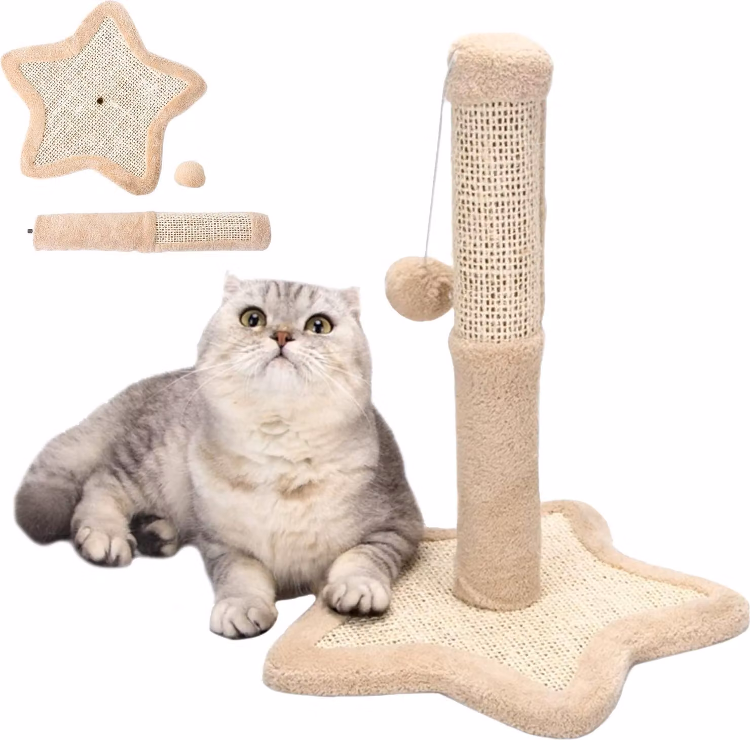 Grattino per gatti, giocattolo a forma di stella, beige, 38 cm