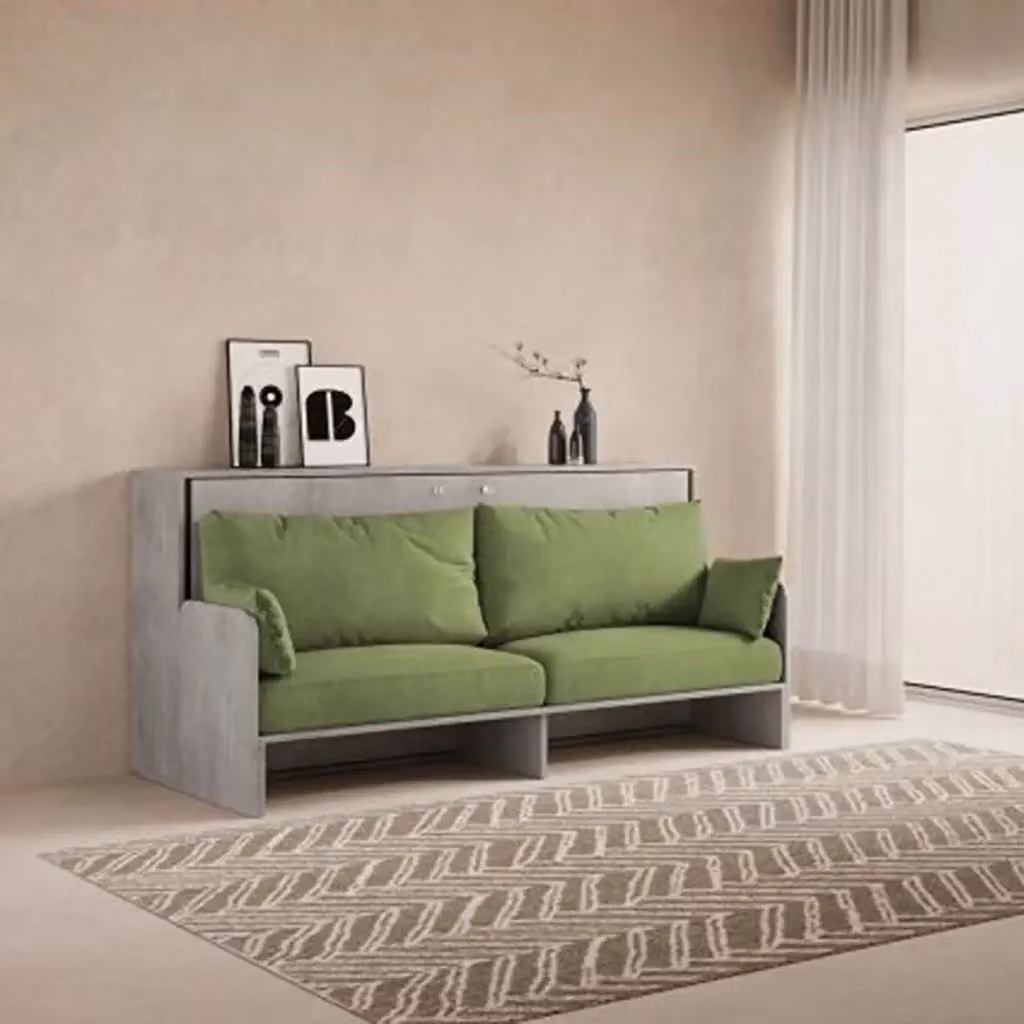 Letto singolo a scomparsa Kando con divano Kivio, colore cemento e verde, L/P/H: 90 x 190 cm – 2