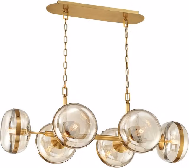 Lampadario a sospensione Nottingham Quintiesse in ottone e vetro ambra con 6 lampadine E27, altezza regolabile