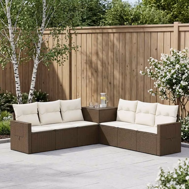 Set di divani da giardino vidaXL in polyrattan marrone e bianco, composizione a L di 7 pezzi con cuscini inclusi