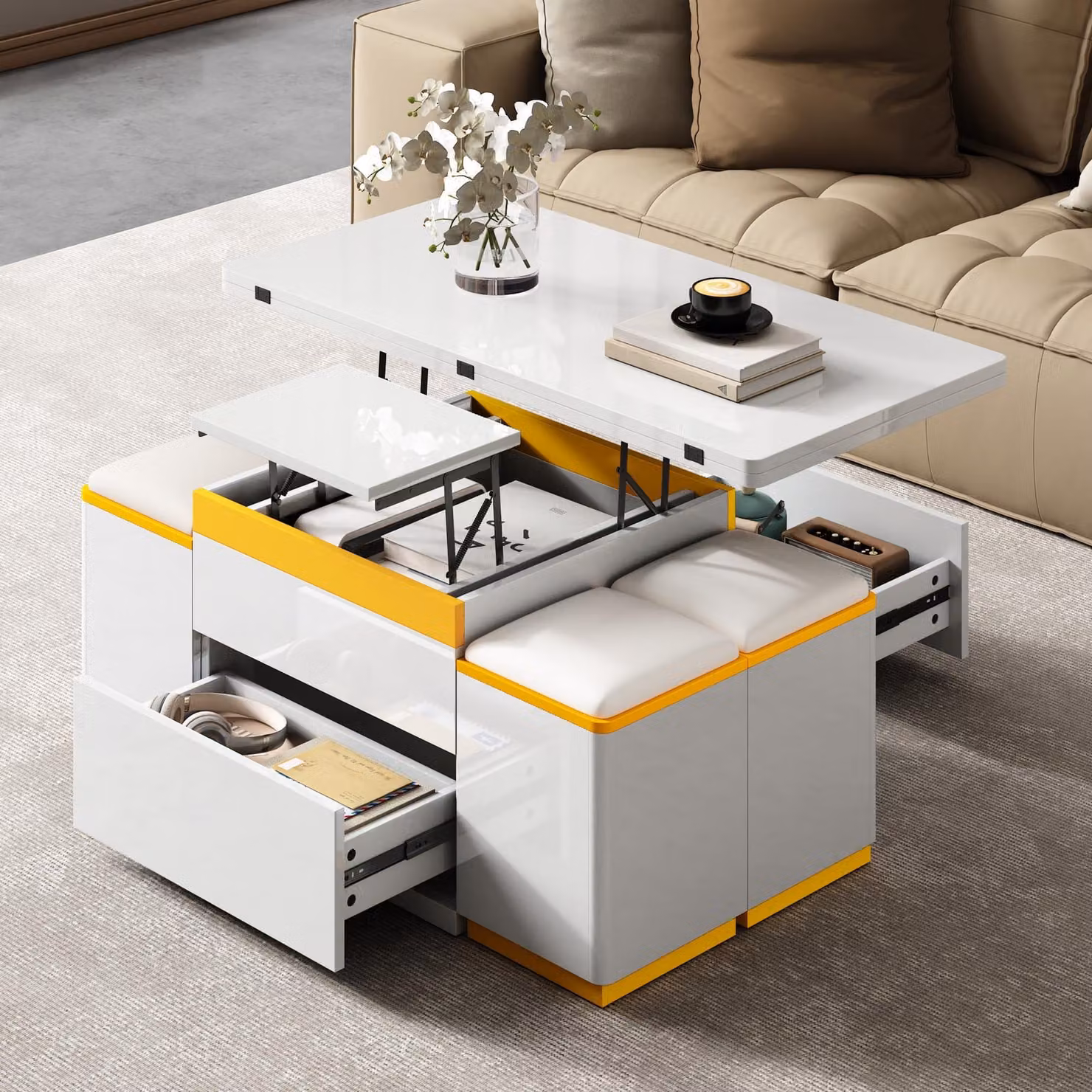 okwish Tavolino moderno con funzione pieghevole e sollevabile, tavolo da pranzo con cassetti e vani portaoggetti aperti, con piano d'appoggio ribaltabile e 4 sgabelli, bianco