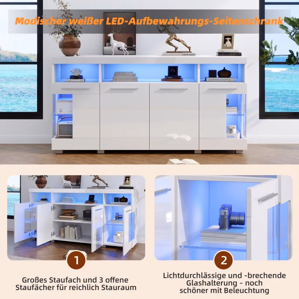 Madia REDOM con LED in MDF e Vetro Temperato Lucido Bianca L: 140 cm, P: 40 cm, H: 70 cm – 2