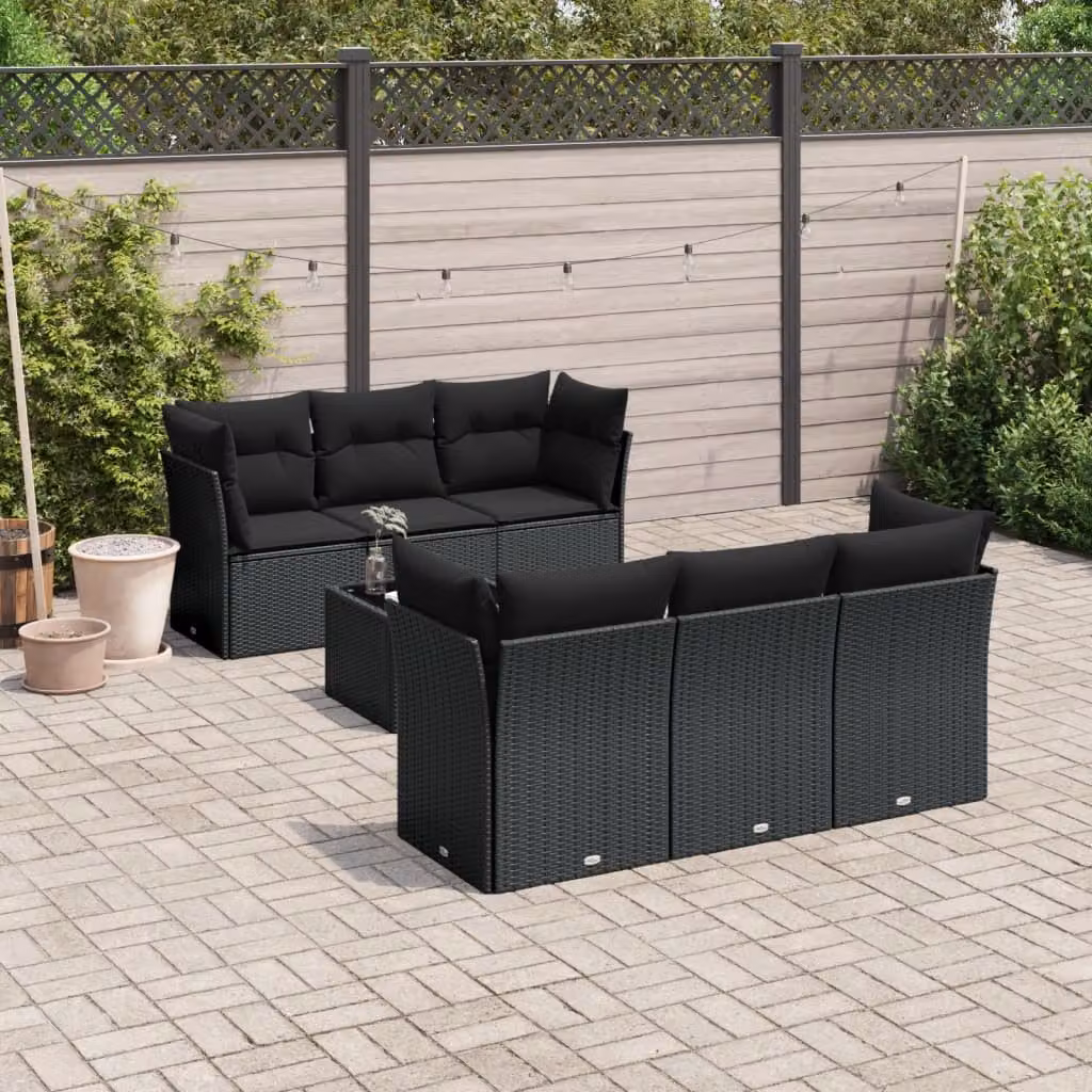vidaXL Set Divano da Giardino a L con Tavolino e 7 Cuscini Nero – 1