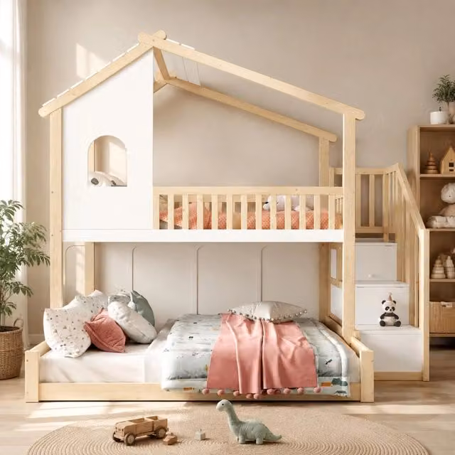 Letto a castello MIVRAY per bambini in legno di pino e MDF bianco e marrone con scala dotata di vani contenitori L/P/H: 256 x 145 x 120 cm