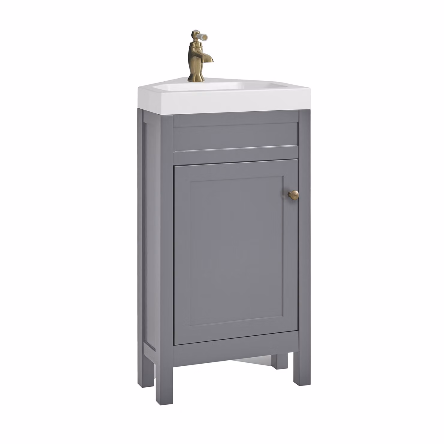 Mobile Bagno Angolare Grigio Chiaro da 450mm con Lavabo e Maniglia Classica Rotonda in Ottone Spazzolato - Warwick