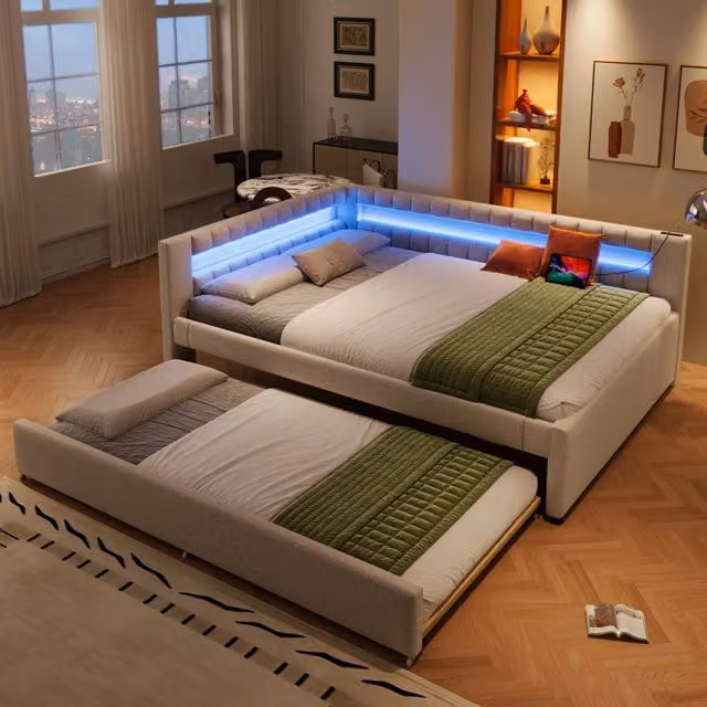 Letto divano 140 × 200 cm e 90 × 190 cm con letto estraibile, LED, USB e Type-C, senza materasso, beige