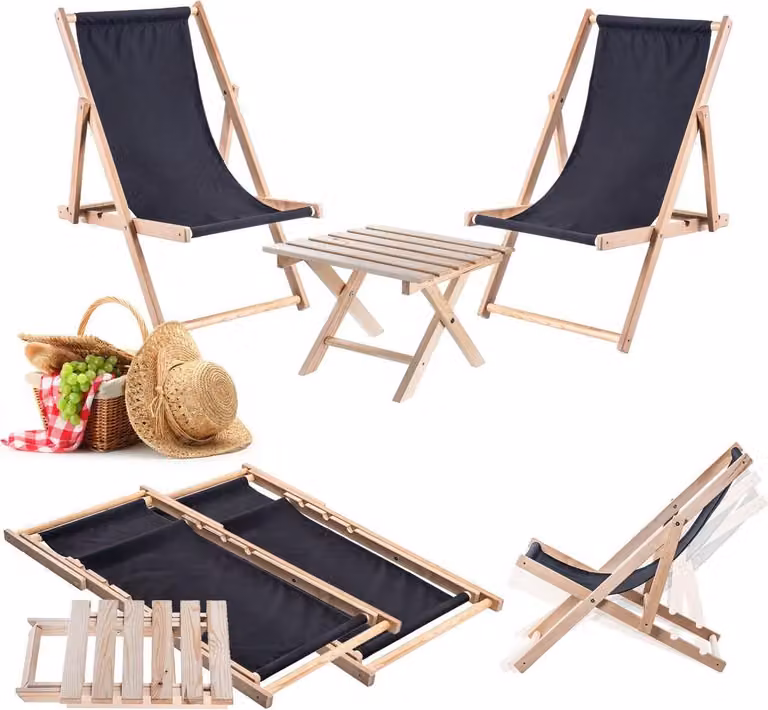 KADAX set di tavolino naturale per sdraio + 2 sdraio nere in legno