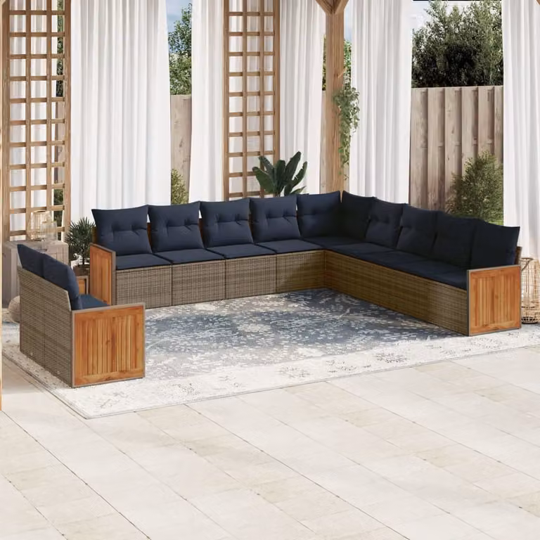 Set di divani da giardino vidaXL in polyrattan con cuscini grigi e blu, design moderno a forma di L per esterno