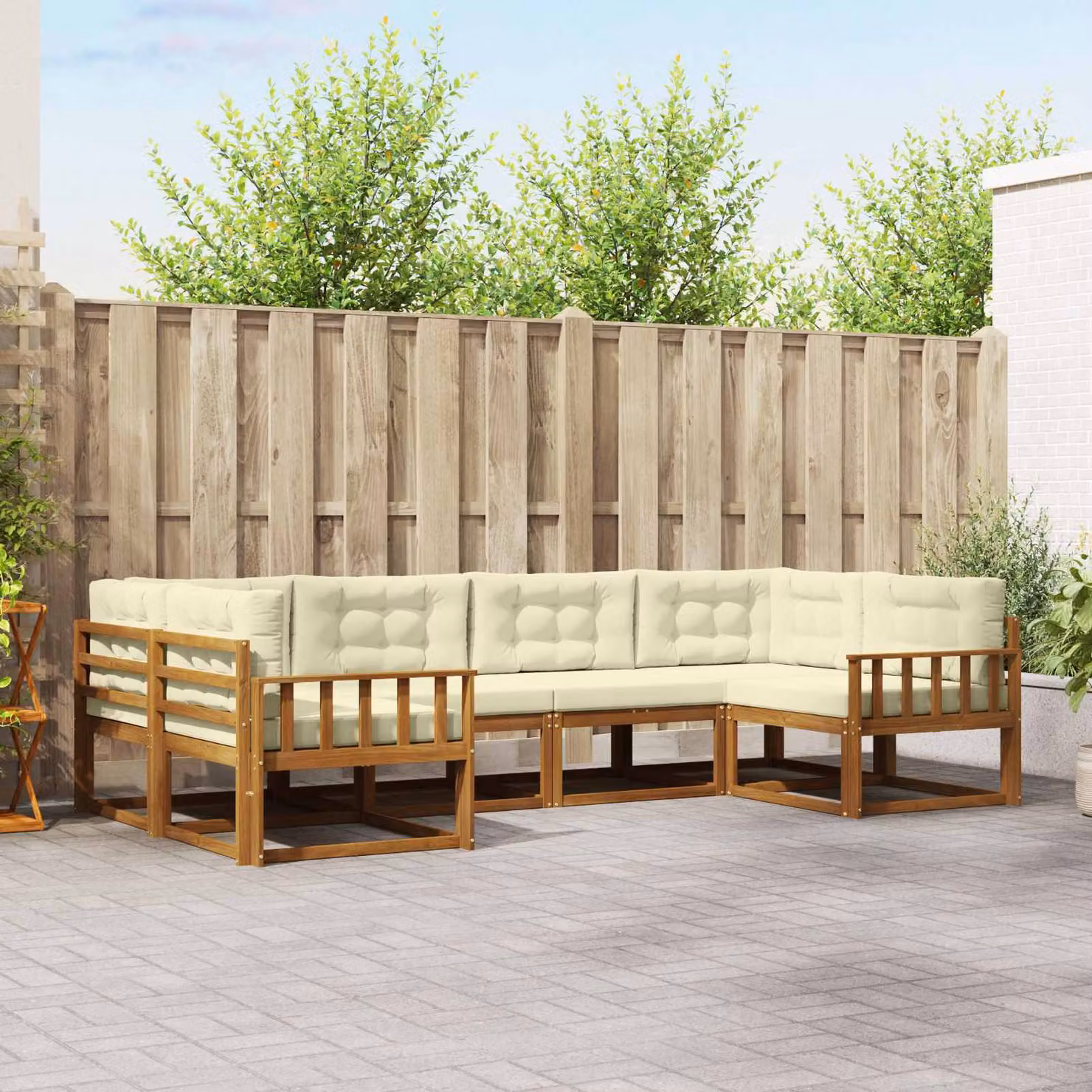 Set di divani da esterno vidaXL 6 pz in legno di acacia con cuscini, forma a L, colore marrone e beige