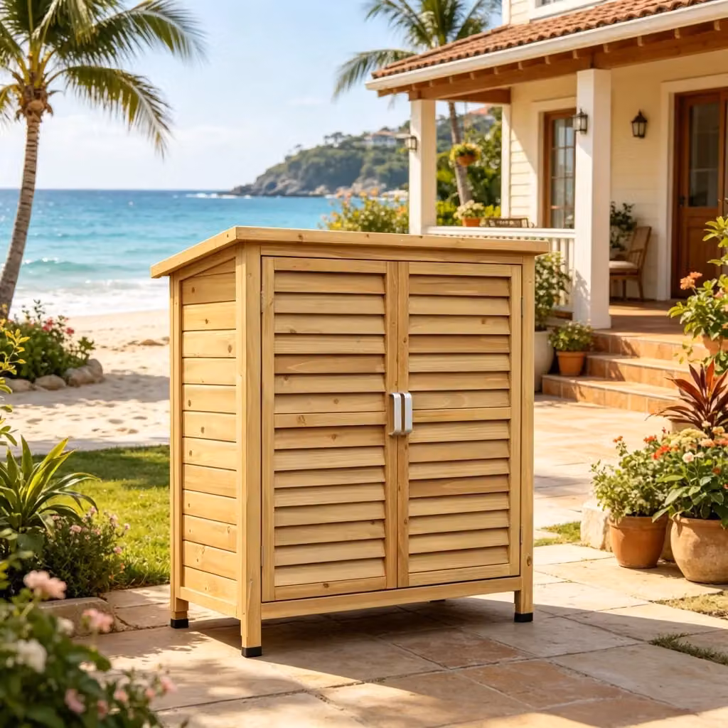 Armadio da giardino REDOM in legno di abete giallo con ripiani interni e serratura, L 87 cm x P 46,5 cm x H 96,5 cm – 2