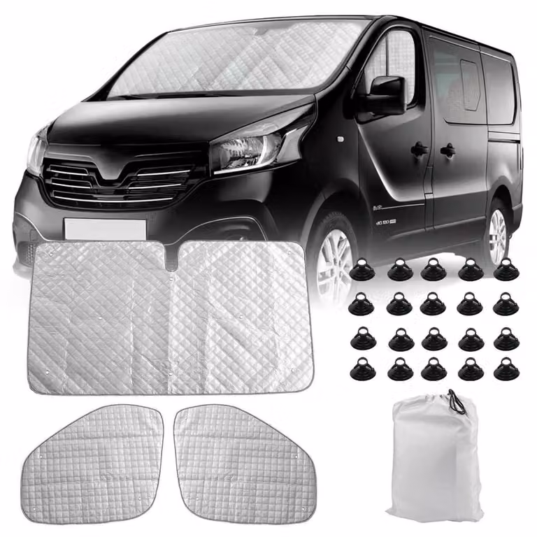Set di 3 parasole per camper, per parabrezza e finestrini laterali, colore nero. Protezione completa per tutto l'anno, compatibile con Renault Trafic, Opel Vivaro, Nissan NV300 e Fiat Talento