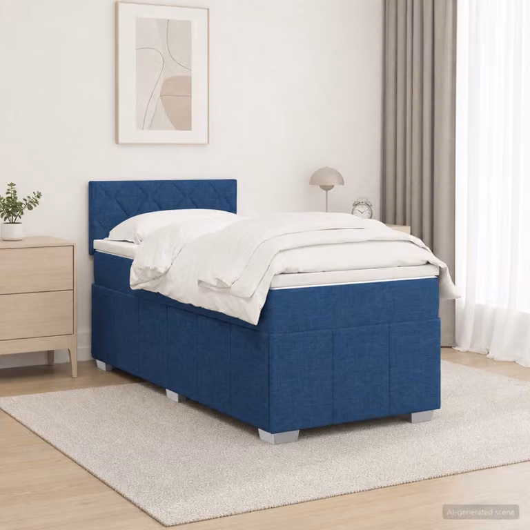 Letto box spring con materasso vidaXL in tessuto blu e bianco, con molle a sacco e struttura in legno, L/P: 200 x 100 cm