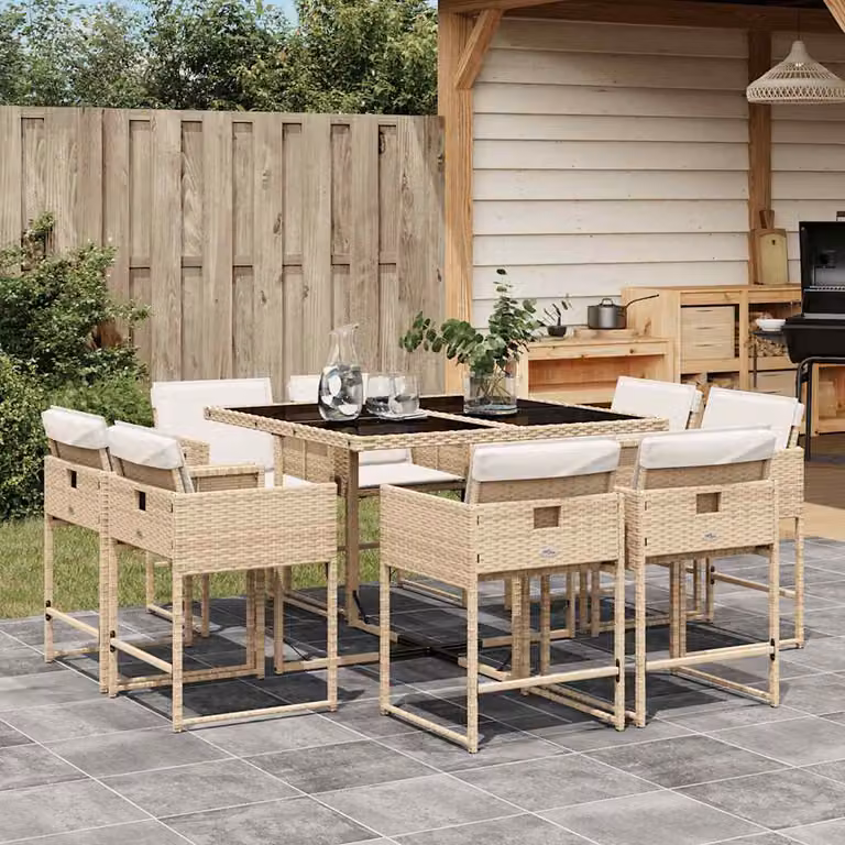 vidaXL Set da Pranzo da Giardino 9 pz in Polyrattan con Cuscini Beige e Piano in Vetro