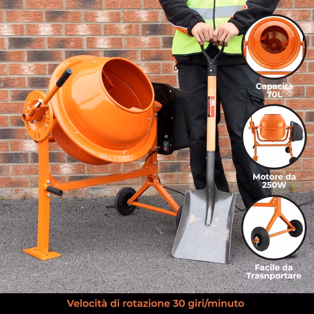Betoniera Elettrica T-Mech Arancione da 70 litri con motore da 250W per miscelare calcestruzzo, malta e cemento – 2