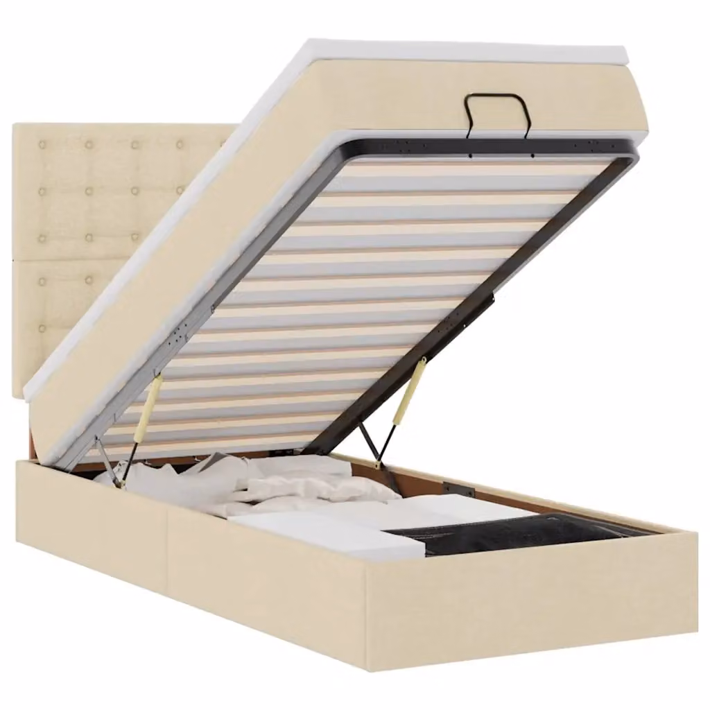Letto con contenitore a sollevamento vidaXL in tessuto beige e bianco con porta USB e illuminazione sottostante L: 190 cm, P: 90 cm, H: 128 cm – 2