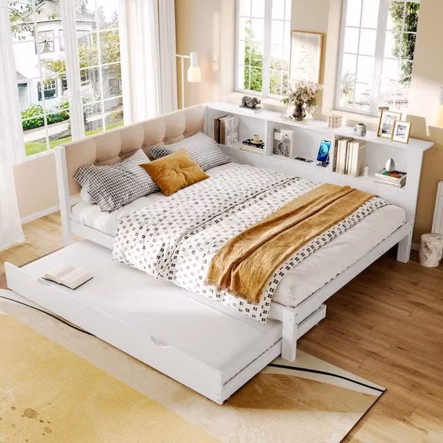 Letto da giorno moderno bianco con letto estraibile, illuminazione LED, porte USB e ripiani laterali, L/P/H: 140 x 200 x 80.5 cm