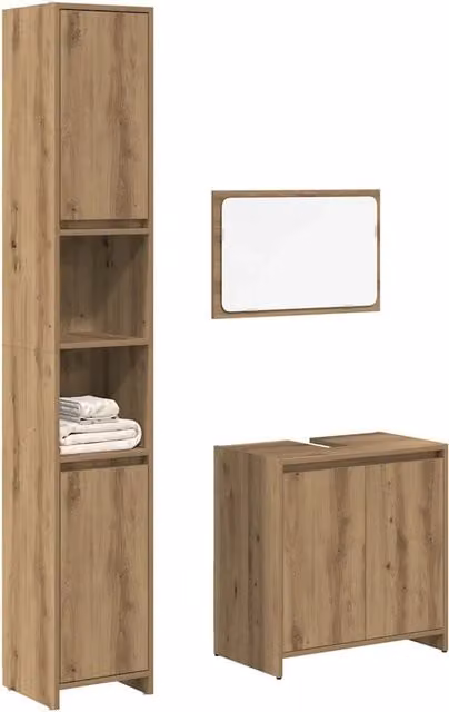 Set di mobili da bagno moderno vidaXL in legno color rovere composto da mobile lavabo, colonna alta e armadietto con specchio, L/P/H: 60 x 33 x 60 cm – 1