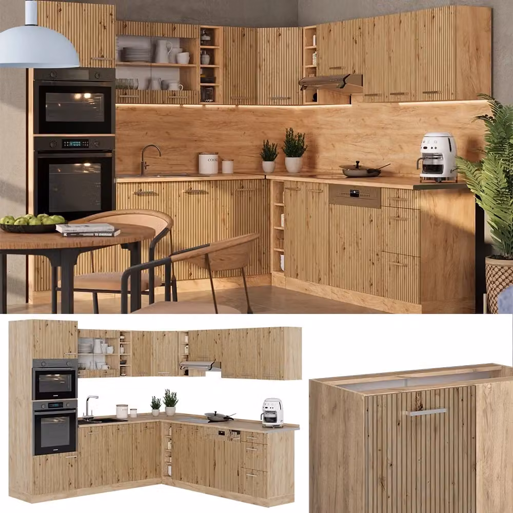Cucina angolare moderna Vicco R-Line in rovere e antracite con ante in vetro e illuminazione integrata L 247 cm x P 237 cm – 2