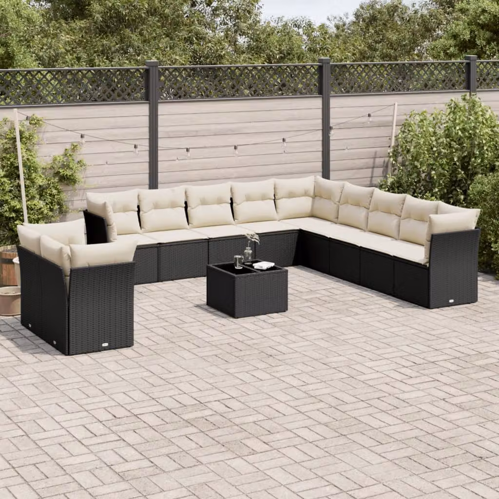 vidaXL Set Divani da Giardino a Forma di U con Cuscini e Tavolino da Esterno, Nero e Bianco, Struttura in Metallo e Polyrattan – 1