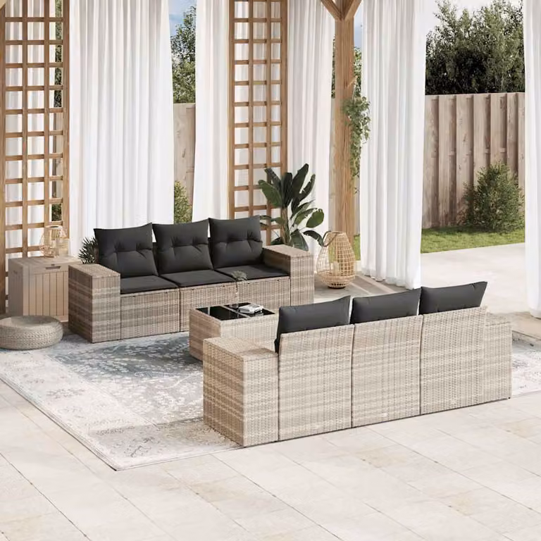 Set Divani da Giardino vidaXL 7 Pezzi in Polyrattan Grigio con Cuscini Imbottiti e Tavolino