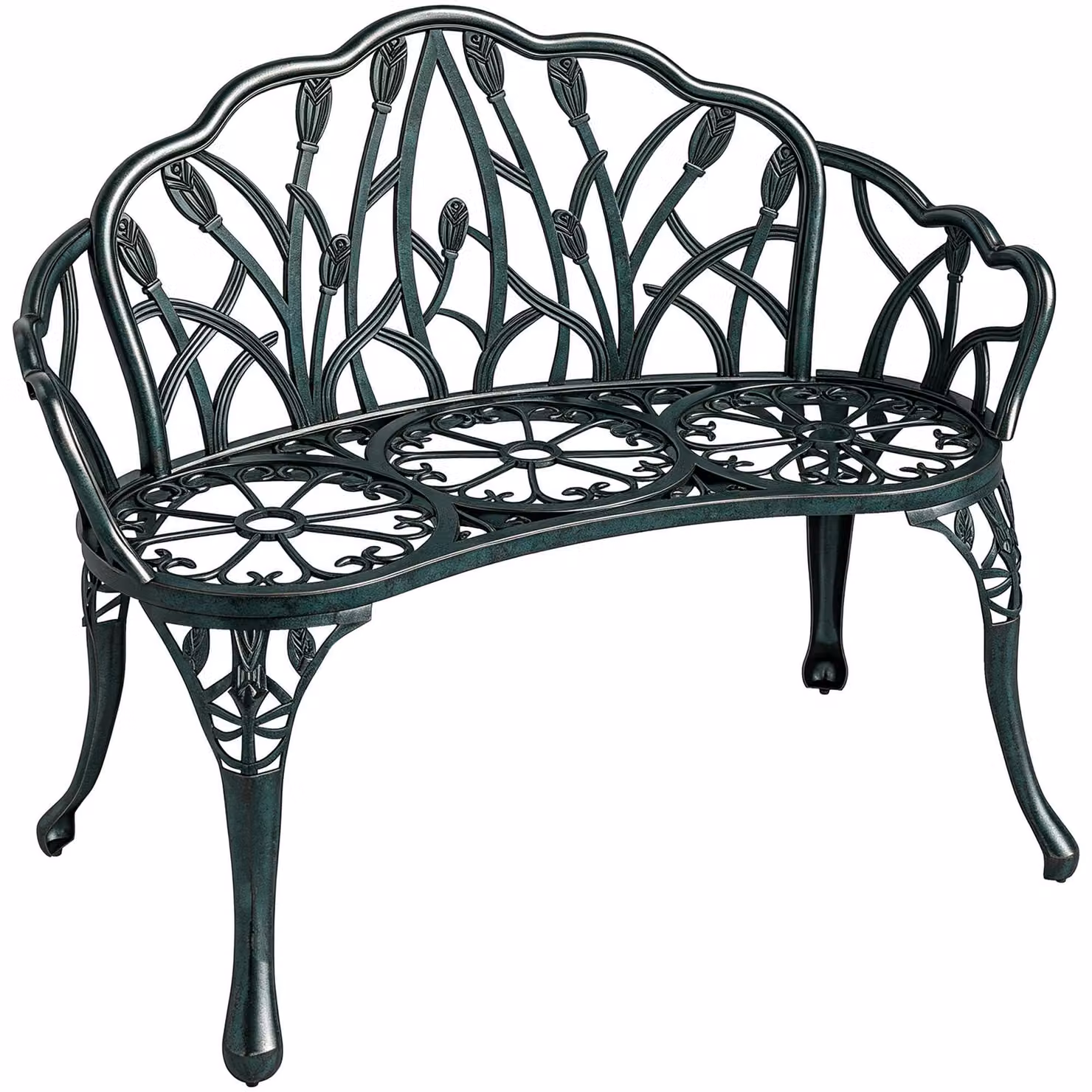 Panca da giardino in stile antico, verde, realizzata in alluminio pressofuso, con due posti a seduta, dimensioni 99x57x78 cm. Panca da esterno, arredo da giardino