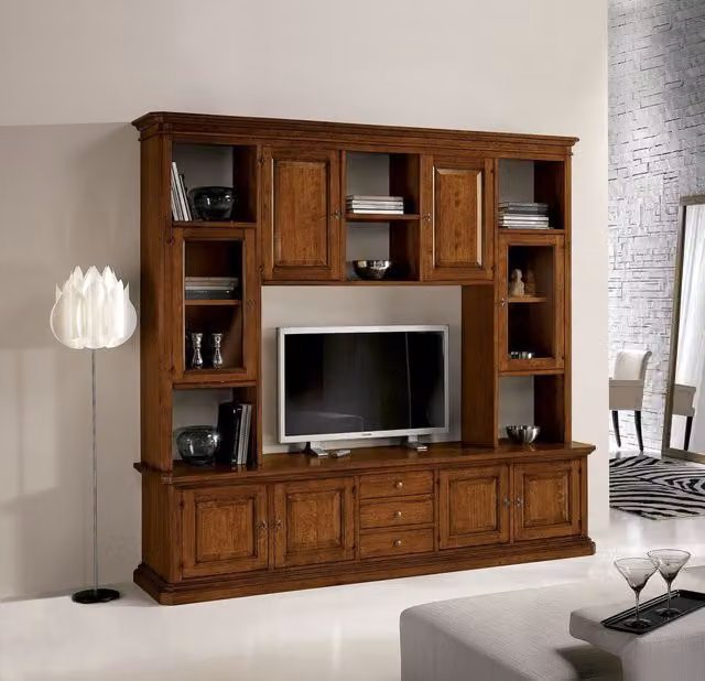 Libreria porta TV in legno stile arte povera marrone Mobili 2G L: 250 cm, P: 60 cm, H: 240 cm