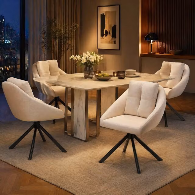 Set 4 sedie girevoli in velluto beige; rotazione a 360° e struttura in metallo