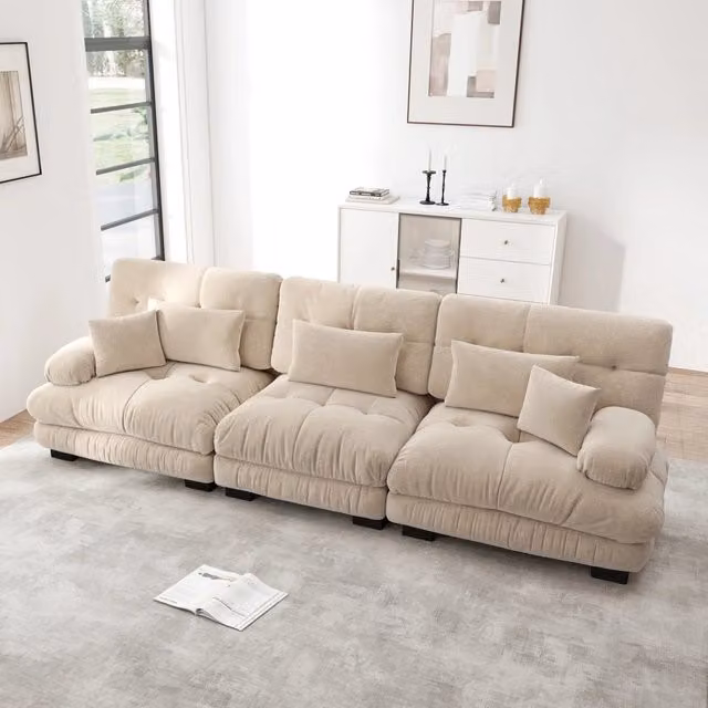 Divano modulare angolare 3 posti con seduta profonda e cuscini, in tessuto chenille, marrone chiaro vintage
