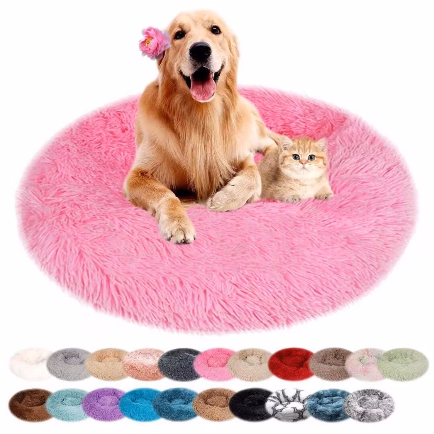 Cuccia per cani, rotonda, in peluche, lavabile, antiscivolo, rosa, 50 cm
