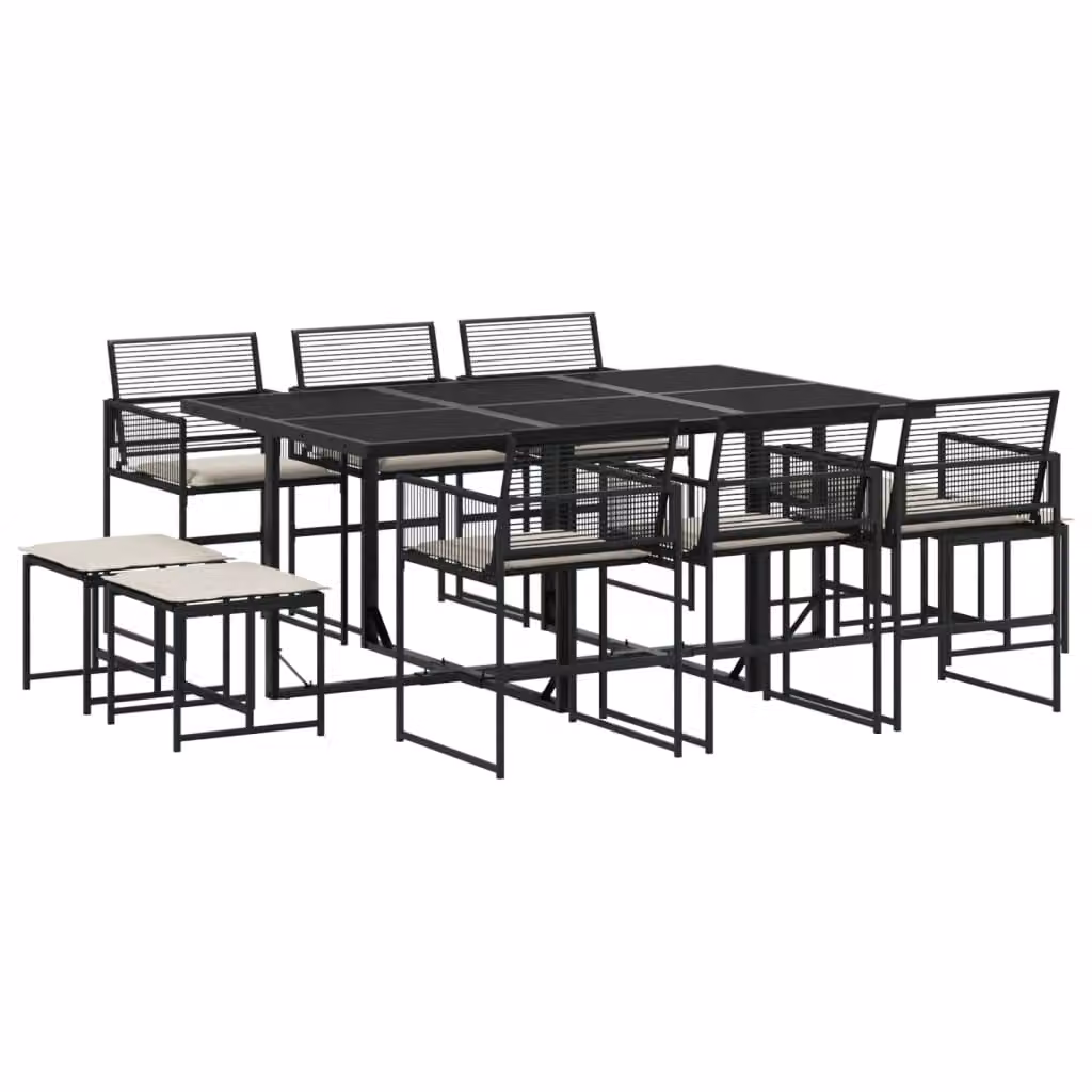 Set da Pranzo da Giardino 11 pz con Cuscini in Polyrattan Nero