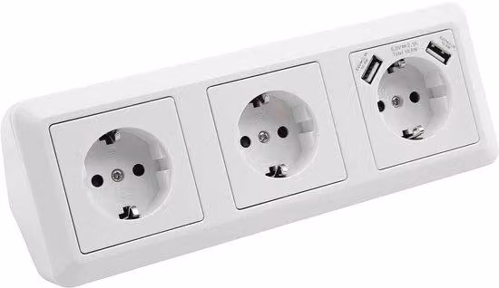 Scatola elettrica con 3 prese, 2 porte USB, 230V/16A, adatta per cucina e ufficio