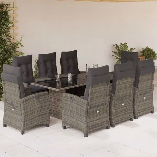 Set da pranzo da giardino vidaXL in polyrattan grigio con cuscini e tavolo in vetro, 9 pezzi – 1