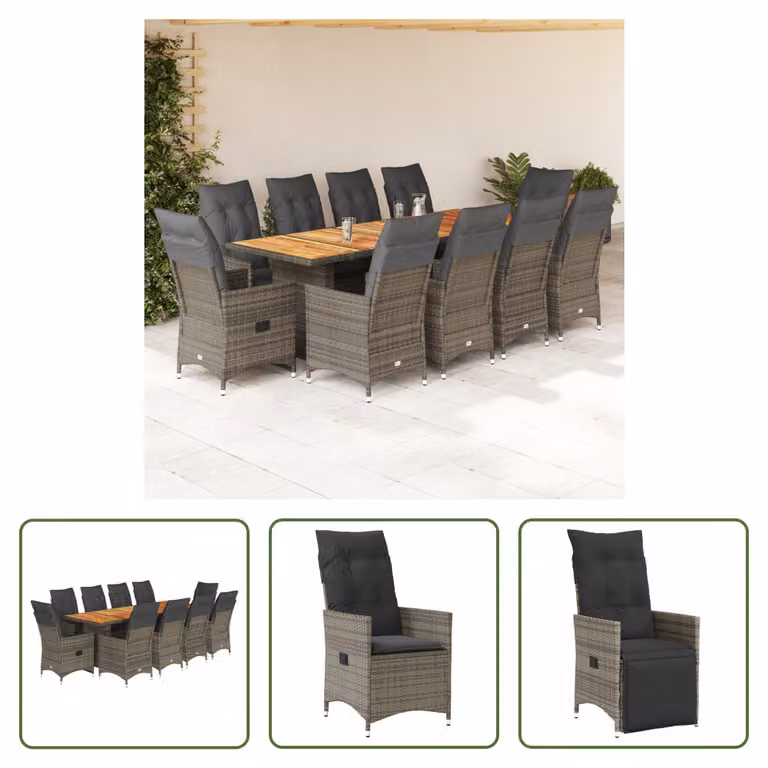 The Living Store Set bistrot da giardino 11 pezzi con cuscini in poly rattan grigio